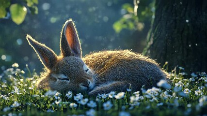A serene rabbit sleeping peacefully among flowers in a dreamy, illuminated forest setting.