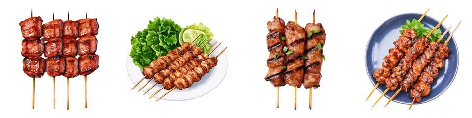 An appetizing display of skewered meats, garnished with greens, presented in multiple styles and arrangements on vibrant plates against a dark background.