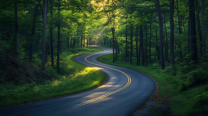 Fototapeta premium A winding road through a lush green forest, sunlight filtering through the trees.