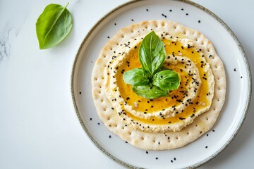 A gluten-free cracker topped with creamy hummus, drizzled with olive oil, and garnished with fresh basil leaves