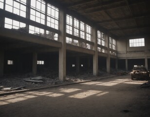 Eerie Abandoned Industrial Complex with Rusted Steel Beams and Machinery.