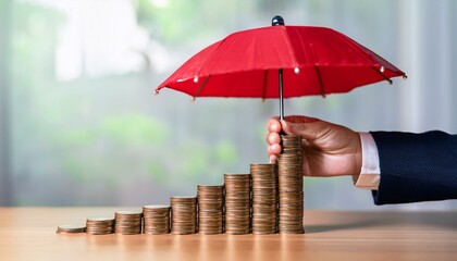 A hand firmly holds a red umbrella, shielding a rising sequence of coin stacks, hinting at financial security