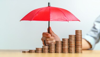 A hand firmly holds a red umbrella, shielding a rising sequence of coin stacks, hinting at financial security
