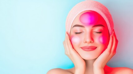 Woman enjoying a facial treatment with glowing orbs, showcasing relaxation and self-care in a vibrant aesthetic.