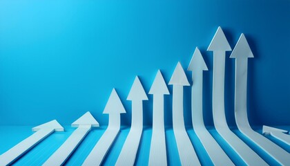 Abstract growing arrows on blue wallpaper. Success, progress and result concept. 3D Rendering