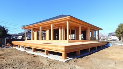 Obraz premium A modern wooden house under construction with a clear blue sky in the background.