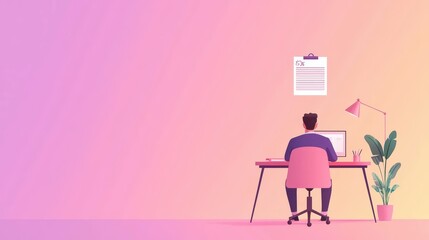 A person working at a desk with a computer in a colorful home office setting, featuring a plant and stylish lamp.