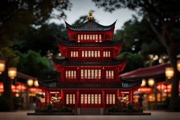 Fototapeta premium A stunning red pagoda illuminated at night, surrounded by soft bokeh lights, showcasing traditional architectural beauty.