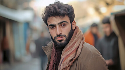 Young bearded afghan or pakistani man looking serious in the street