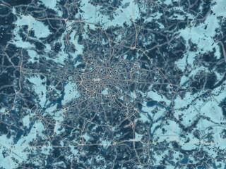 Painterly Style City Map of Berlin metropole, Germany in a Blue Color Scheme.
