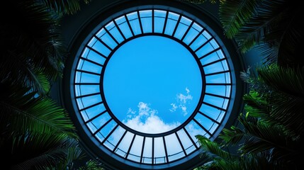 Circular skylight surrounded by lush green foliage, showcasing a clear blue sky above.