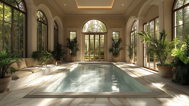 An indoor pool with large windows and a view of a garden, with lounge seating.