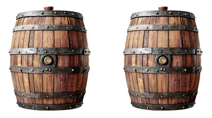 Obraz premium Old Wooden Barrels Set Against a Plain White Background Generative AI