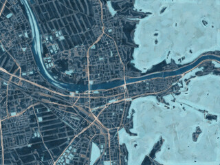 Painterly Style City Map of Heidelberg, Germany in a Blue Color Scheme.