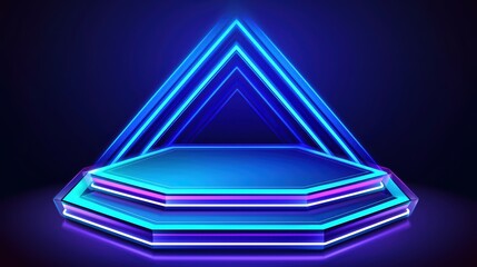 Futuristic stage with neon lights and geometric shapes on a dark background.