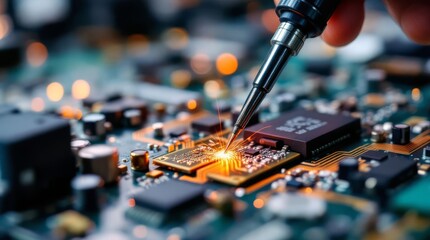 close up of a electronic circuit board, repair of a computer, close up of a computer board soldering with soldering iron by technician