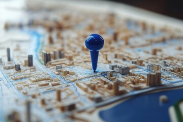 Naklejka premium A blue pin highlights a specific location on a detailed city map during daytime, showcasing urban landscapes and layouts