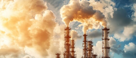 Industrial scene featuring smokestacks emitting clouds against a dramatic sky.