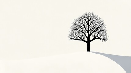 Obraz premium Single bare tree silhouette on a white background, evoking simplicity and tranquility in nature's winter landscape.