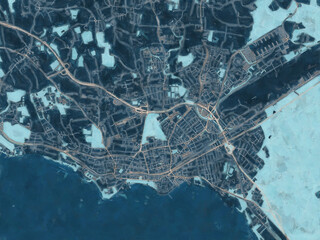 Painterly Style City Map of Friedrichshafen, Germany in a Blue Color Scheme.