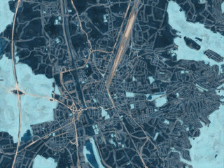 Painterly Style City Map of Offenburg, Germany in a Blue Color Scheme.