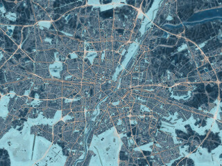 Painterly Style City Map of Munchen Metropole, Germany in a Blue Color Scheme.