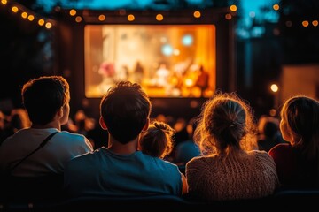 Obraz premium Families watching a captivating movie together on an outdoor screen during a summer evening under twinkling lights