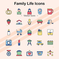 Icons representing family life and activities.
