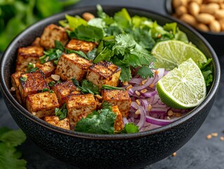 Thai style vegan food made with tofu and mushrooms, topped with toasted rice powder, red onions, and fresh herbs.
