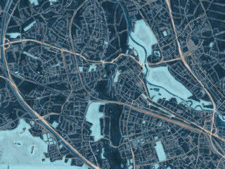 Painterly Style City Map of Furth, Germany in a Blue Color Scheme.