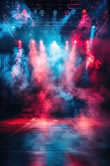 Vibrant stage: empty concert arena with colorful lights and smoke, scene for upcoming live performance, dynamic spotlights, atmospheric effects, energetic and captivating backdrop.