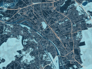 Painterly Style City Map of Bamberg, Germany in a Blue Color Scheme.