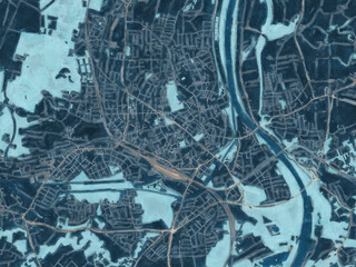 Painterly Style City Map of Rosenheim, Germany in a Blue Color Scheme.