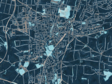 Painterly Style City Map of Erding, Germany in a Blue Color Scheme.