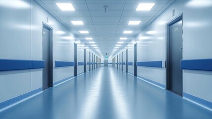 Obraz premium A sterile hospital corridor with doors on either side.