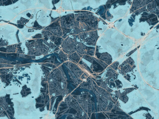 Painterly Style City Map of Hanau, Germany in a Blue Color Scheme.