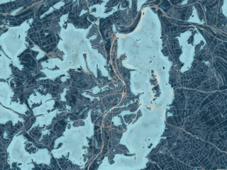 Painterly Style City Map of Marburg, Germany in a Blue Color Scheme.