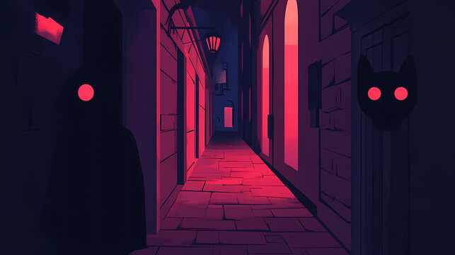 Mysterious shadowy alley, glowing eyes, halloween terror, flat design illustration. Shadowy Specter. Illustration
