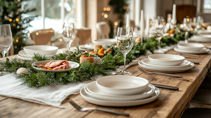 Fototapeta premium dinner, elegant, classic, traditional, christmas, chicken, turkey, tree, christmas ornament, christmas tree, illustration, holy night, design, vector, table, plate, dinner, food, decoration, setting, 