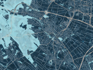 Painterly Style City Map of Oberursel, Germany in a Blue Color Scheme.