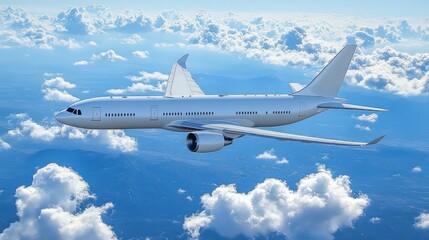 Obraz premium Airplane flying above clouds in a clear blue sky.