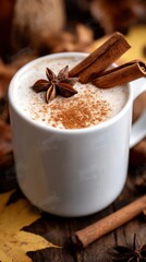 Cozy autumn chai tea latte with cinnamon and star anise for food photography