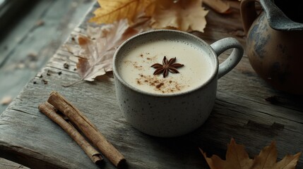 Cozy autumn scene with chai tea latte and cinnamon sticks for food photography and seasonal inspiration
