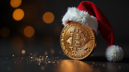 Glittering golden bitcoin symbol in red Santa Claus hat on smooth black background with blurred golden bokeh lights