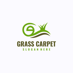Grass carpet logo design template. Artificial green grass carpet service concept. Creative vector symbol.