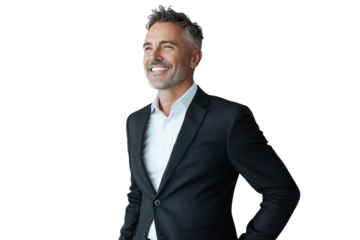 Confident Man in Suit Smiling and Looking Up