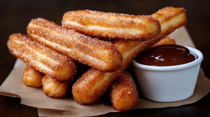 Crispy cinnamon churros and chocolate sauce - perfect dessert photography for food blogs and menus