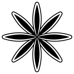 Stylized daisy flower. Eight point star shape. Abstract geometrical decorative element. Folk style. Black and white silhouette.