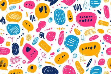 Bright seamless pattern with colorful speech bubble, words and symbols. Wallpaper for teenagers.
