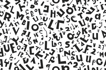 English letters in a random arrangement on a white background. Seamless pattern.